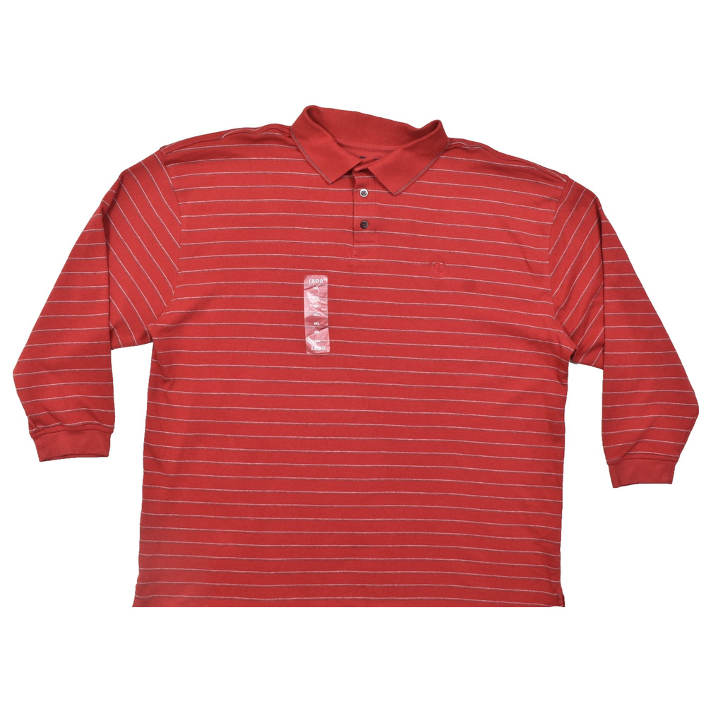 IZOD Men's 2XL Polo Shirt Long Sleeve Real Red Striped 100% Cotton NWT